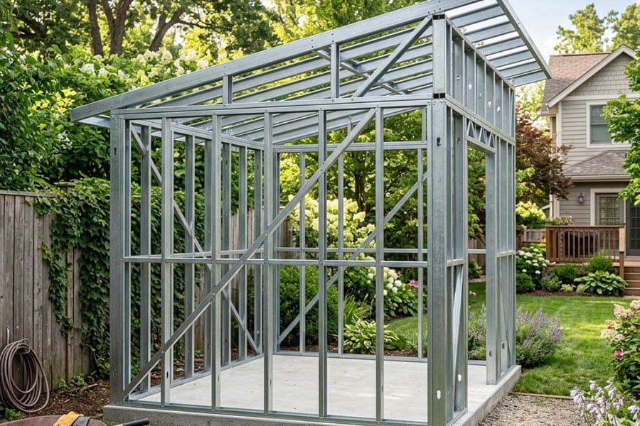Open galvanized steel frame of a small building with a sloped roof, standing on a concrete slab in a backyard garden next to a wooden fence